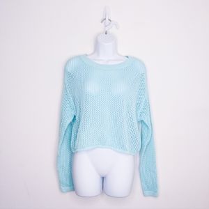 BP Open Knit Cropped Sweater Blue Medium Women's Top Long Sleeve Shirt